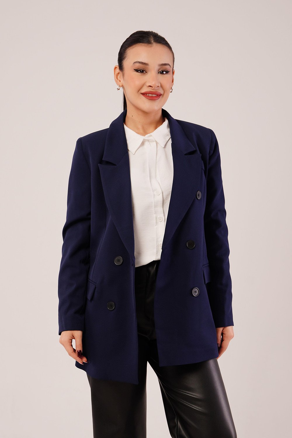 Kruvaze Düğmeli Lacivert Blazer Ceket