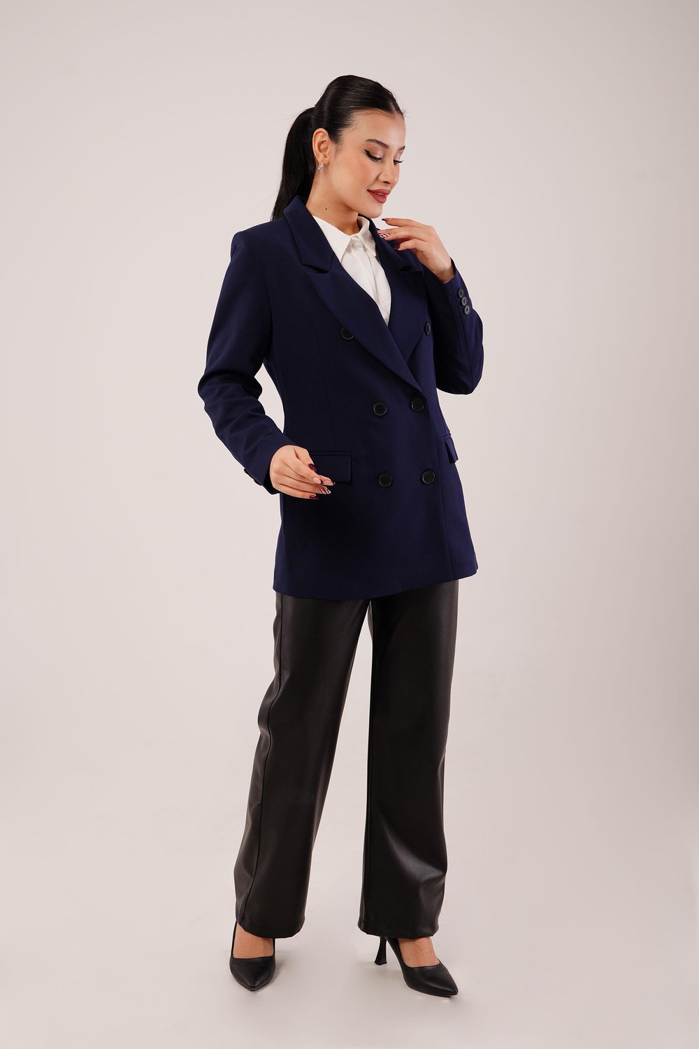 Kruvaze Düğmeli Lacivert Blazer Ceket