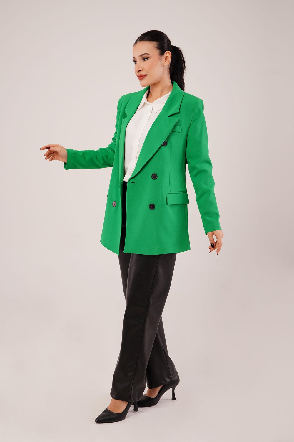 Kruvaze Düğmeli Yeşil Blazer Ceket