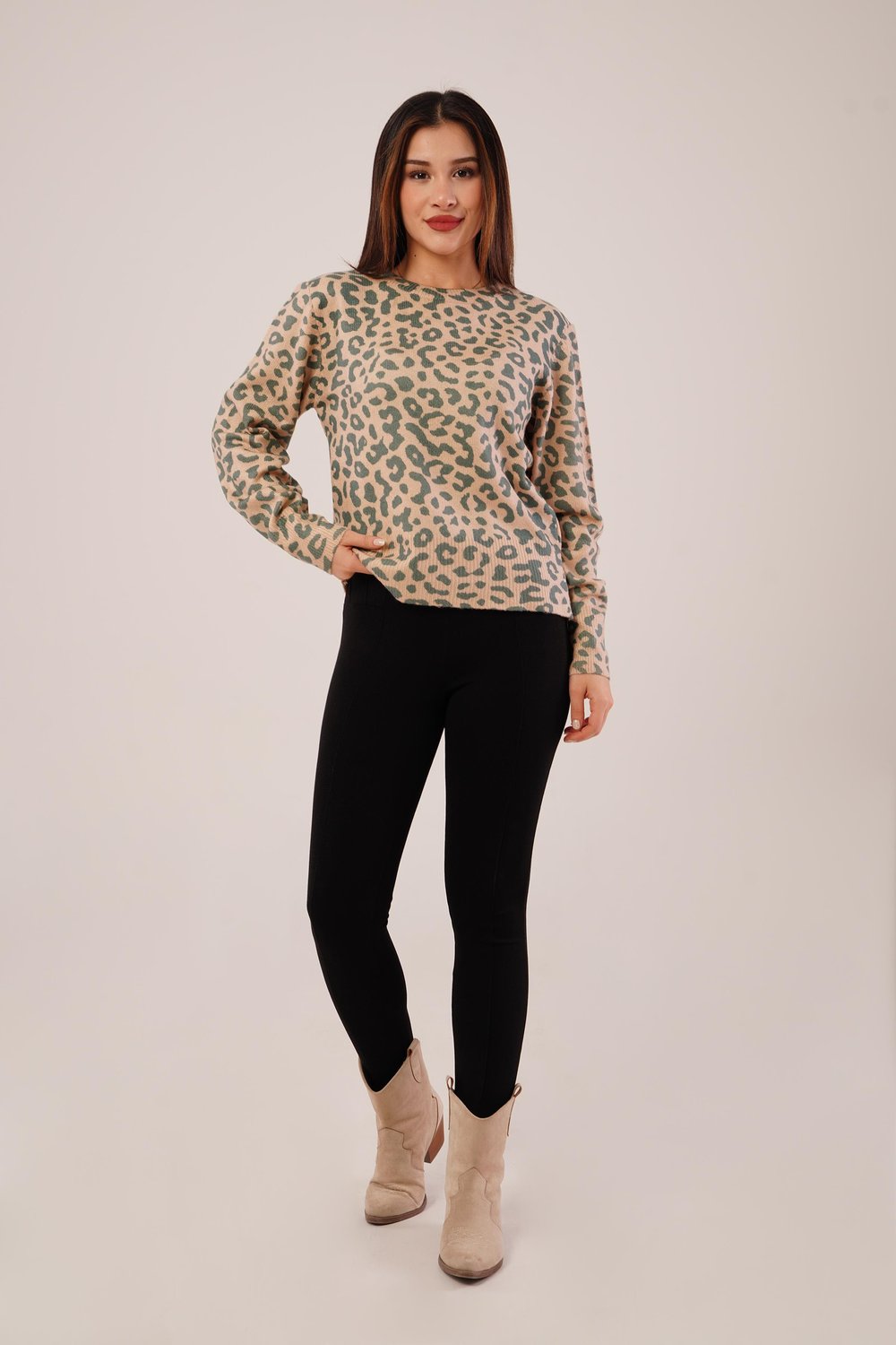 Leopar Baskı Desen Camel Triko Kazak