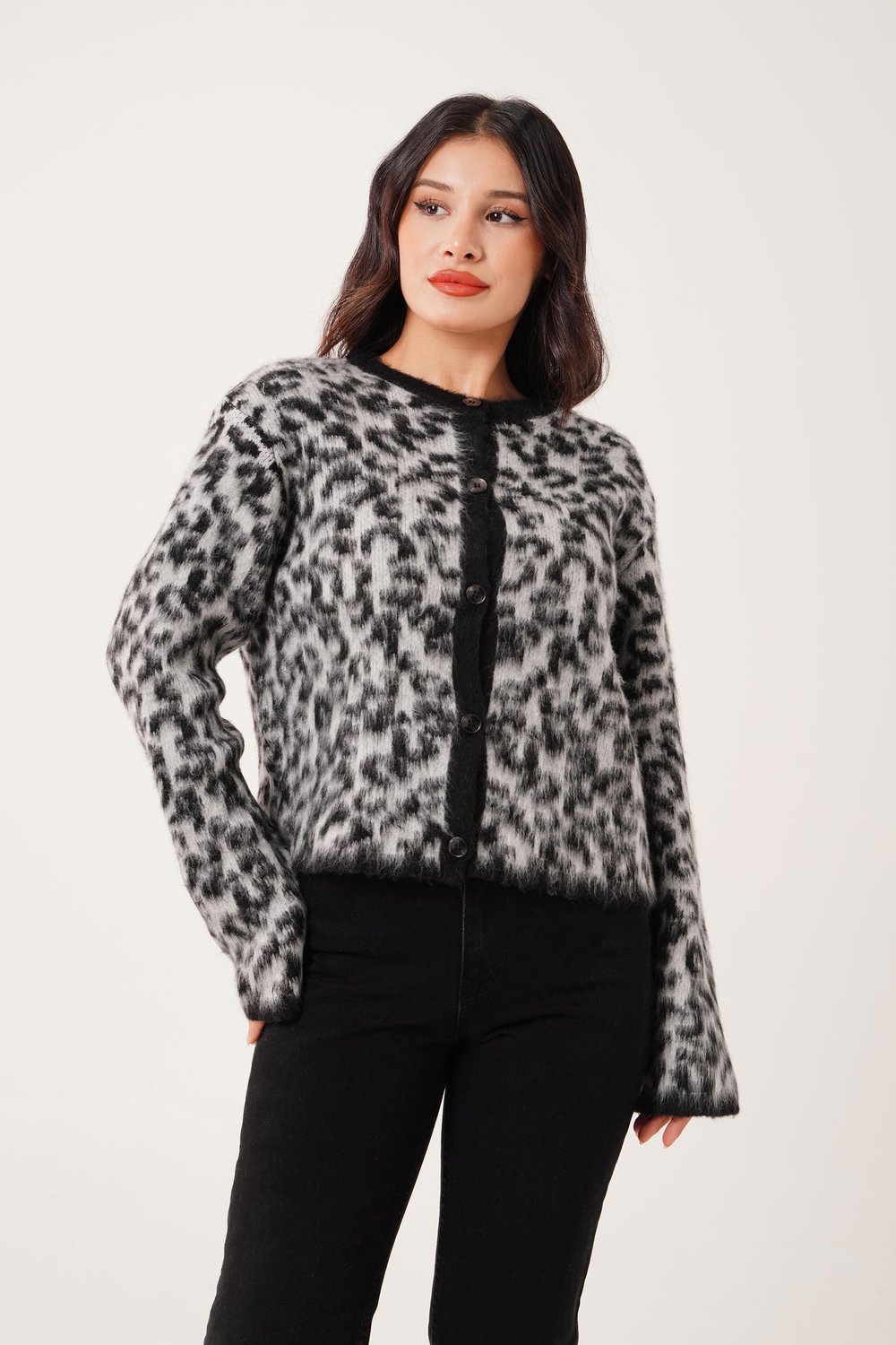 Sakallı Leopar Model Gri Triko Hırka