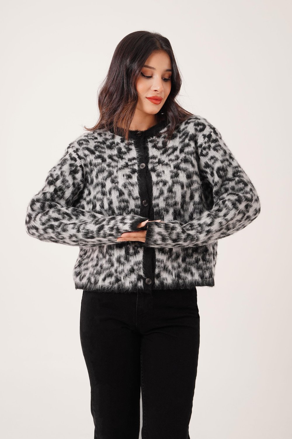 Sakallı Leopar Model Gri Triko Hırka