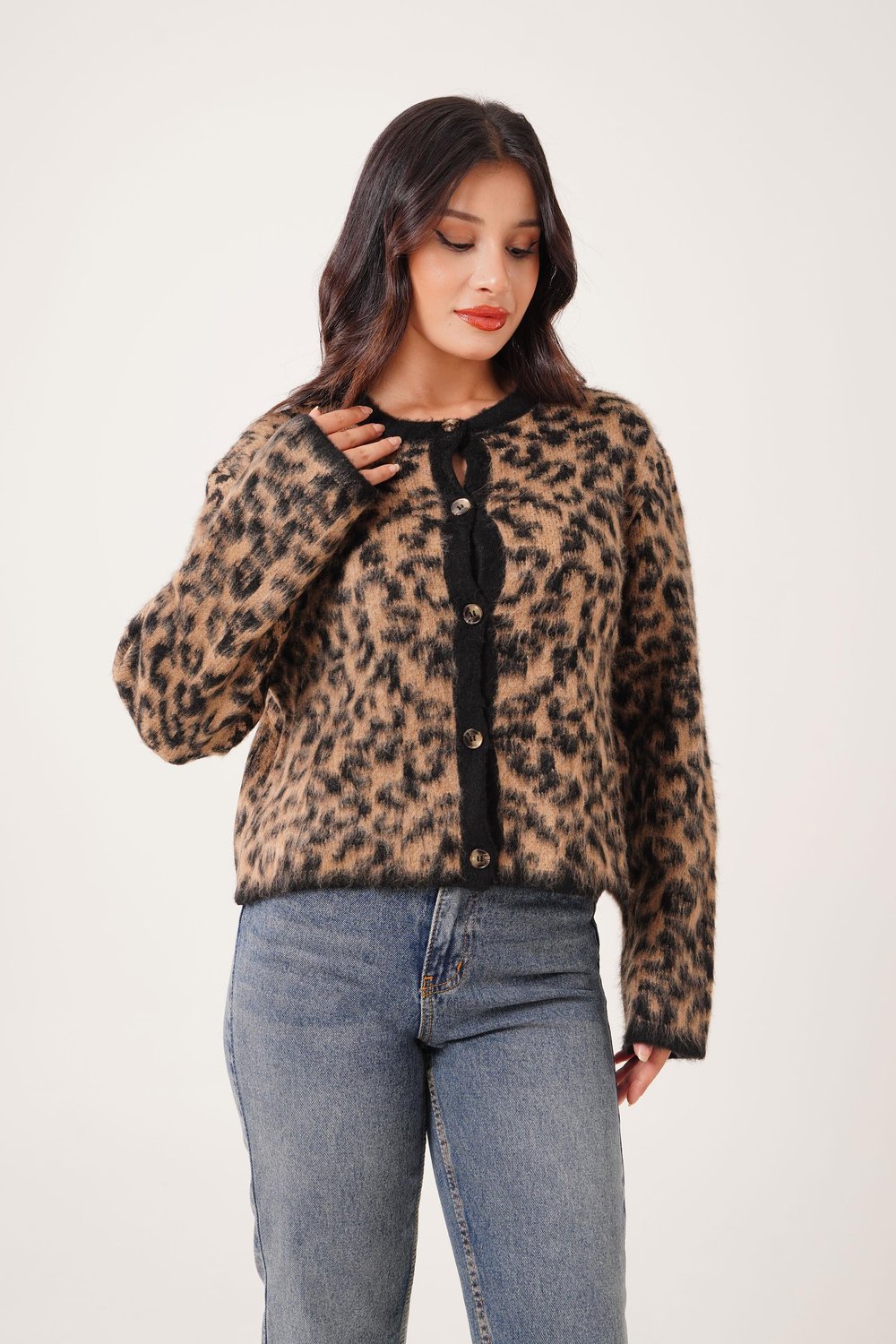 Sakallı Leopar Model Camel Triko Hırka