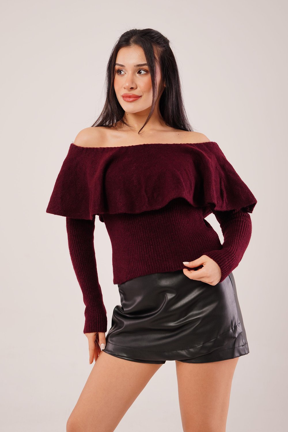 Madonna Yaka Volanlı Bordo Triko Bluz