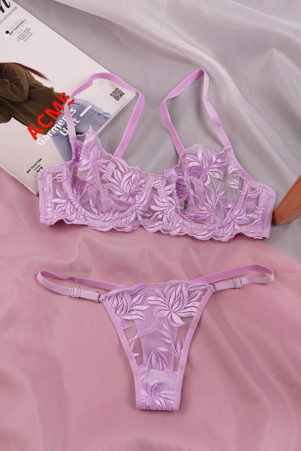 Mega Çiçek Nakışlı Lila Bralet Takımı (Tanga & Sütyen)