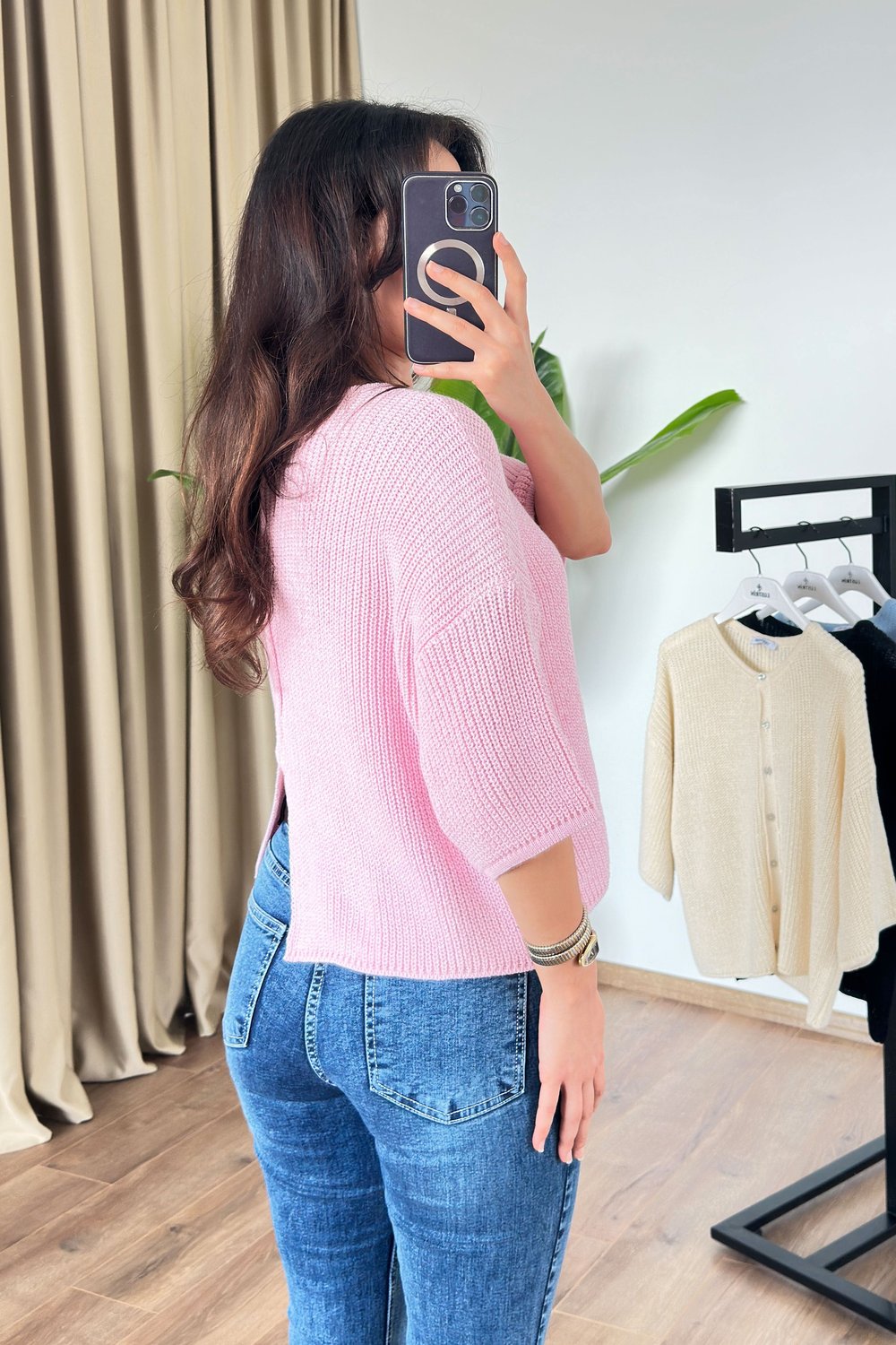 Mini Düğmeli Yarım Kol Pembe Hırka