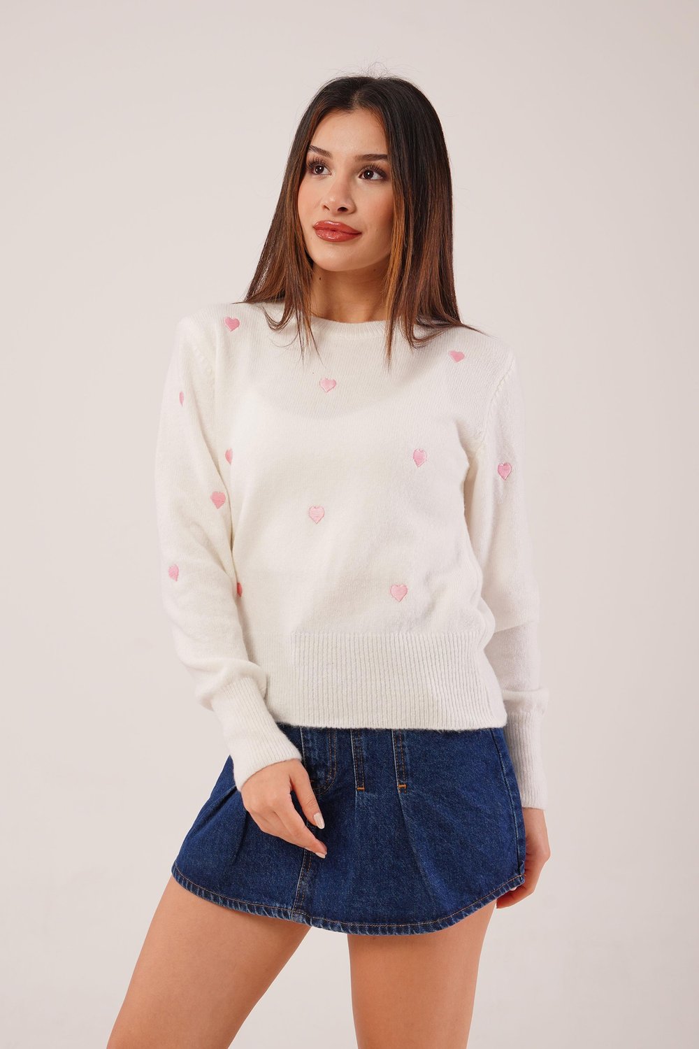 Mini Pembe Kalp Nakışlı Triko Kazak