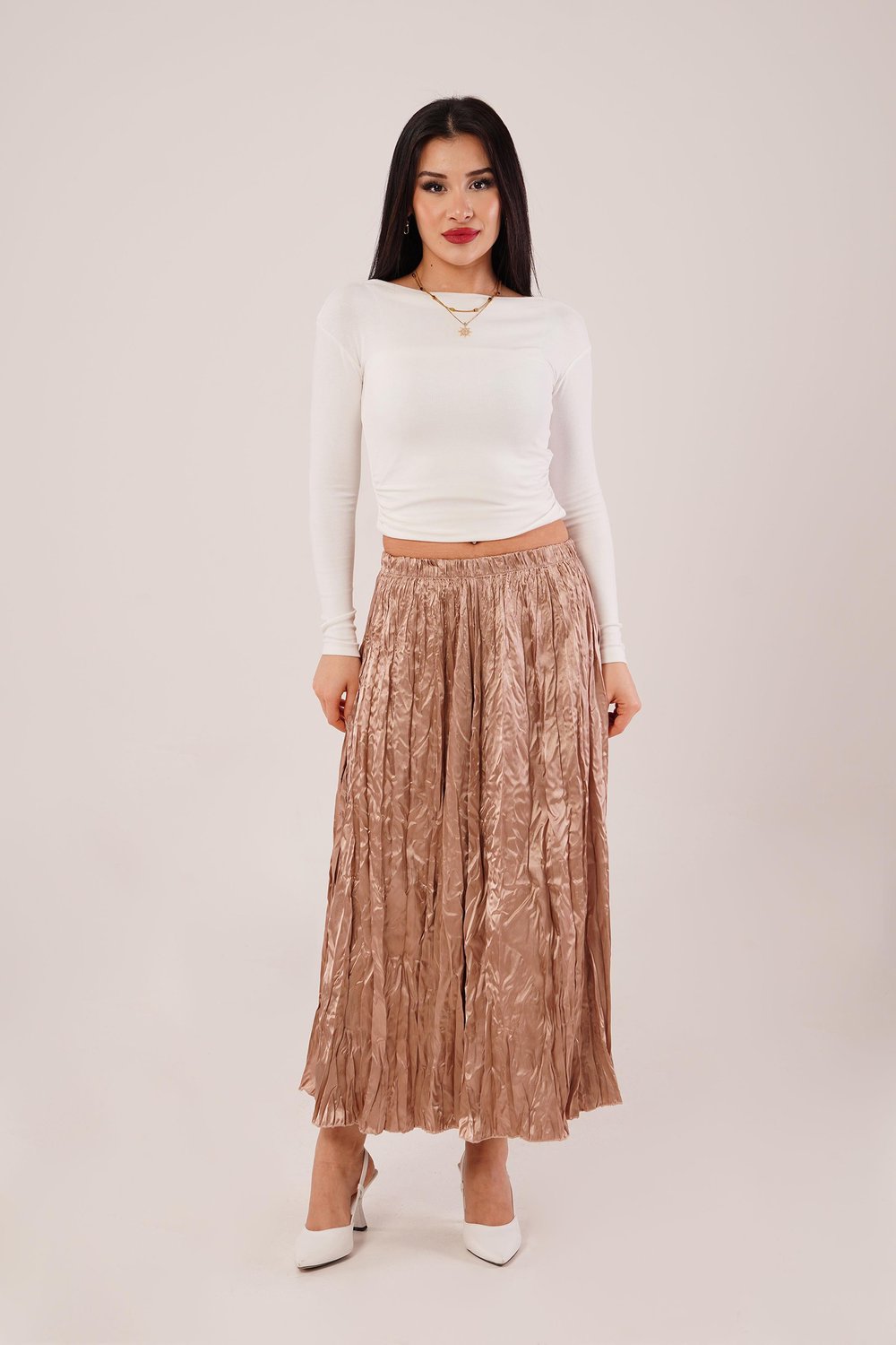 Modern Kırışım Midi Camel Saten Etek
