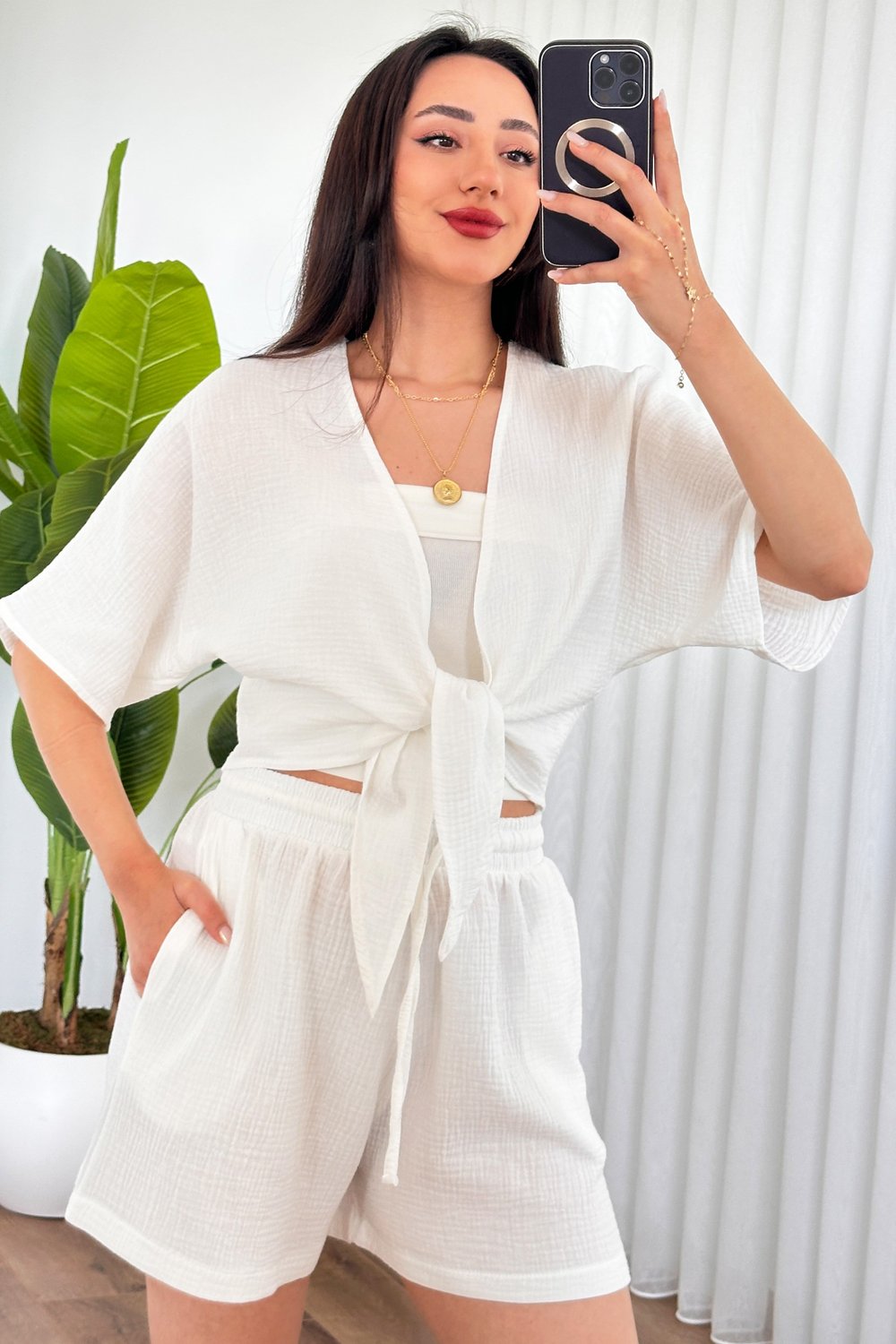 Müslin Önden Bağlamalı Kısa Model Beyaz Kimono
