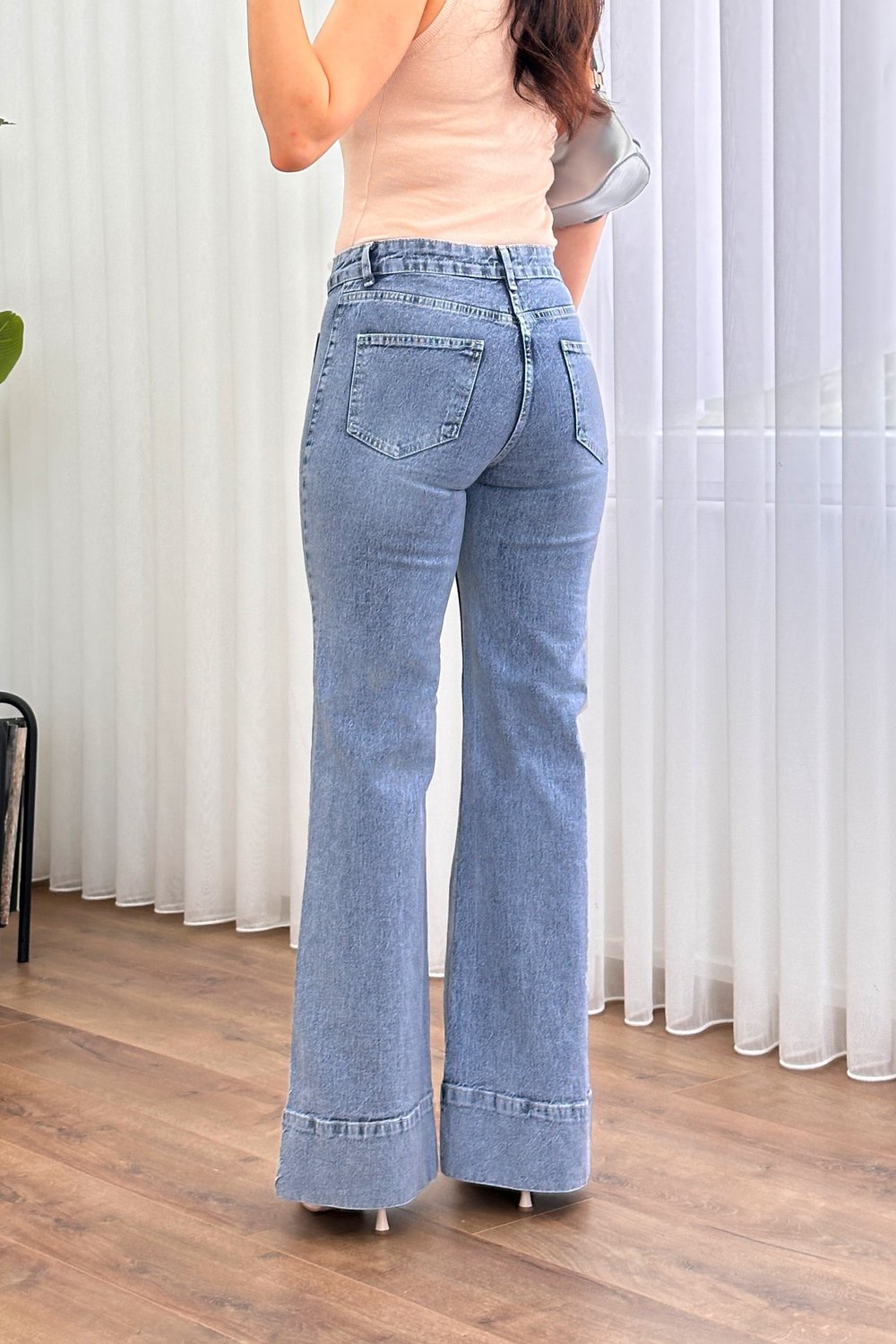 Ön Cepli Dikiş Detay Mega Paça Kot Mavi Jean
