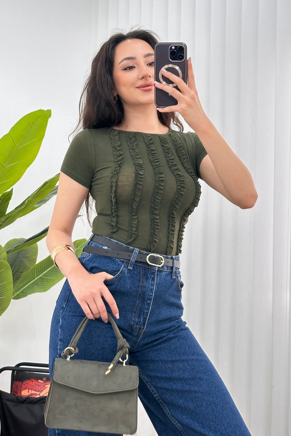 Önü Fırfır Şerit Basic Trend Haki Bluz