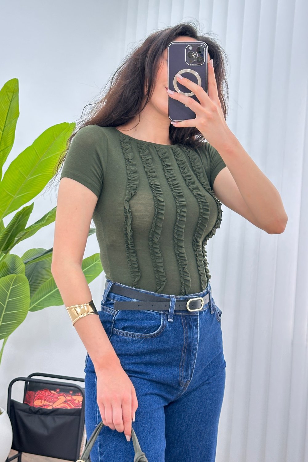 Önü Fırfır Şerit Basic Trend Haki Bluz