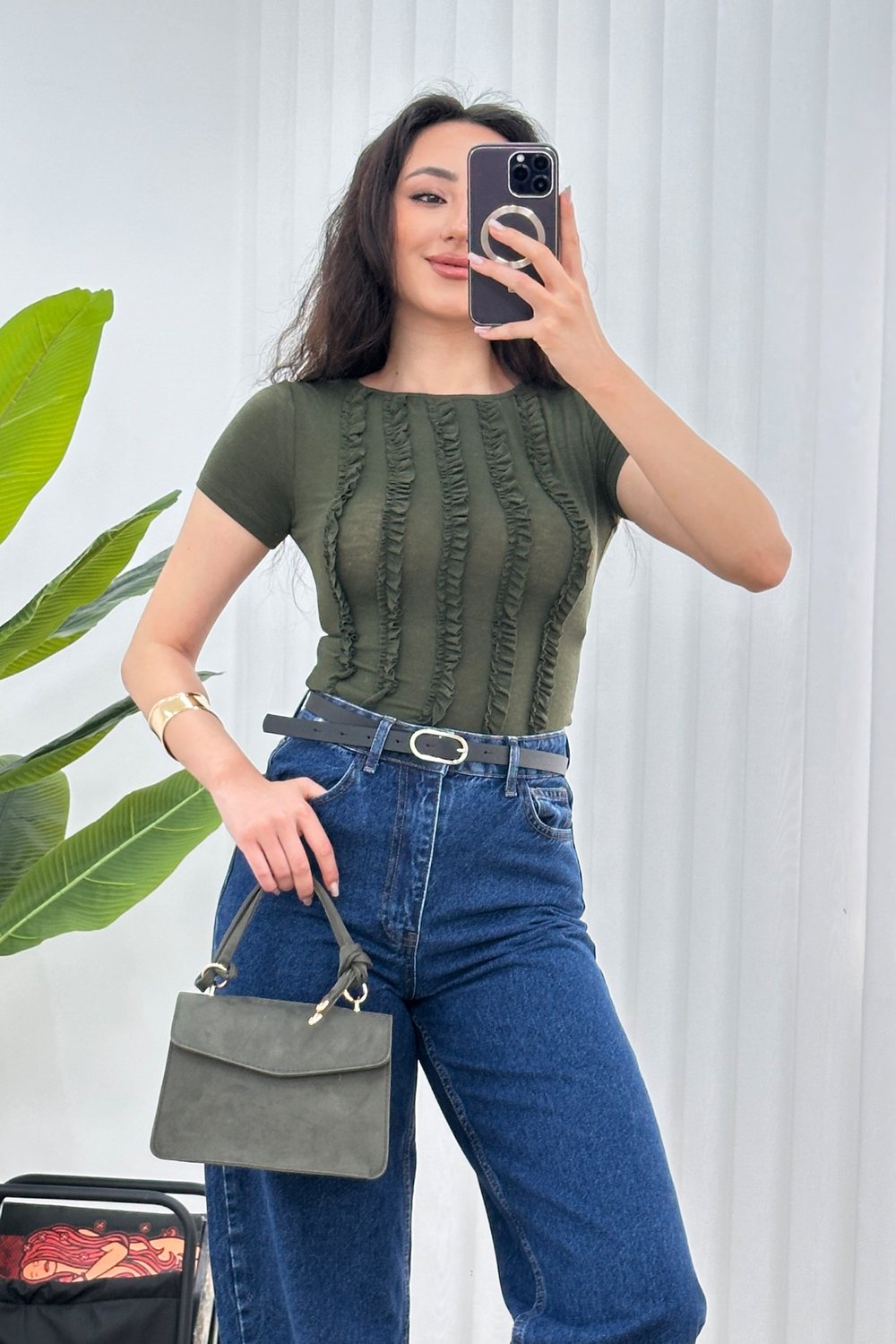Önü Fırfır Şerit Basic Trend Haki Bluz