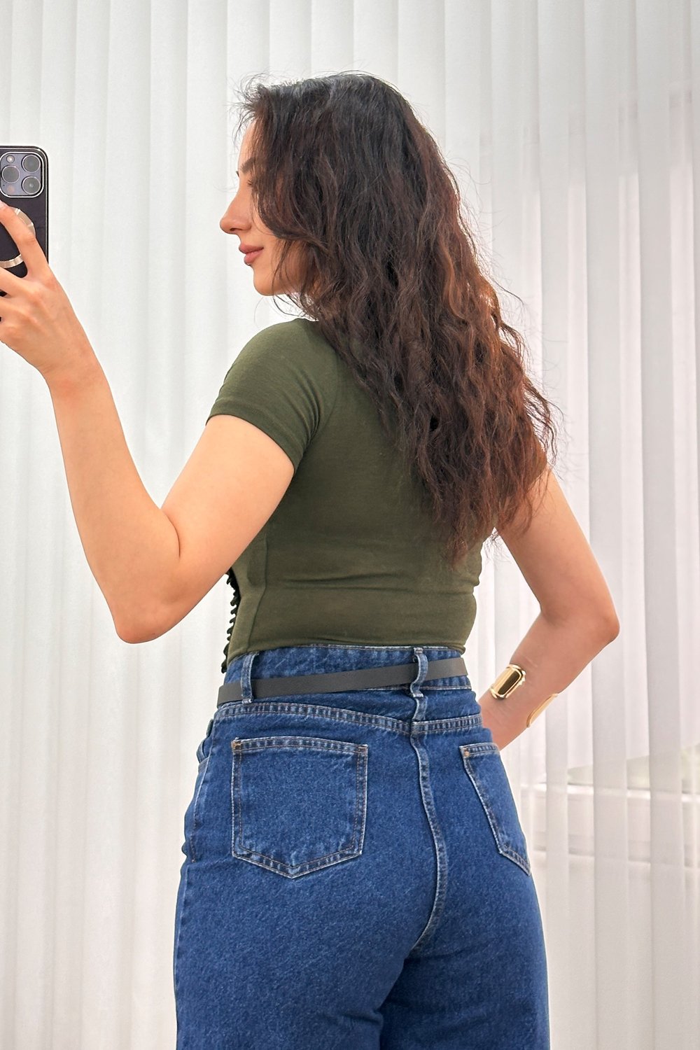 Önü Fırfır Şerit Basic Trend Haki Bluz