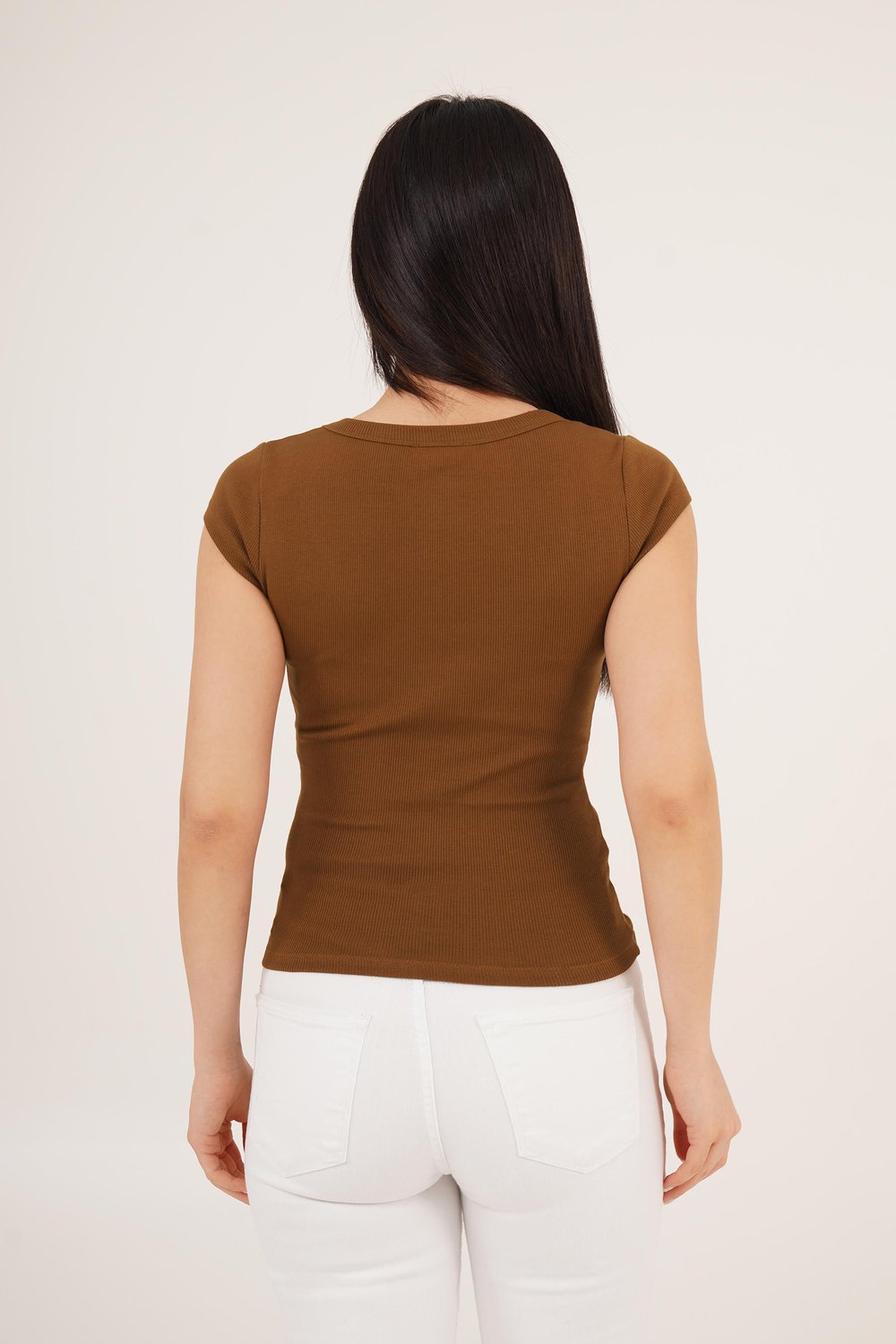 Oval Yaka Kısa Kollu Basic Tişört Taba