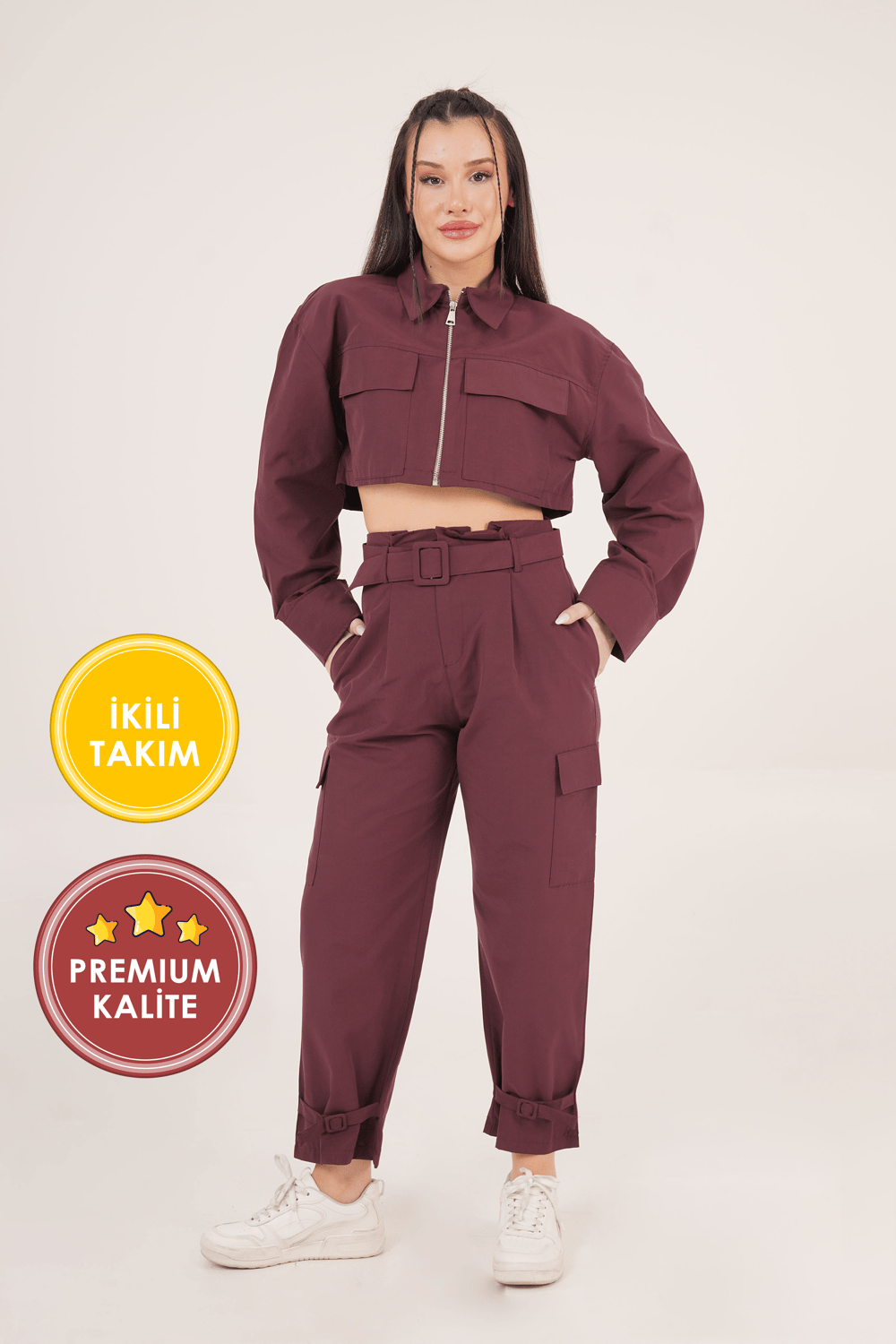 Paraşüt Kumaş Fermuarlı Ceket ve Kemerli Bordo Pantolon İkili Takım