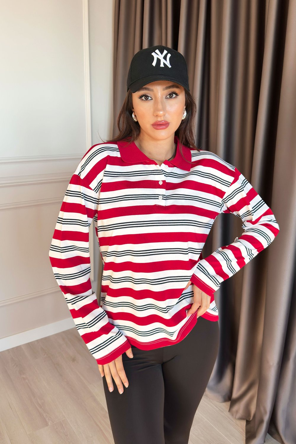 Polo Yaka Loose Fit Kırmızı Çizgili Sweatshirt
