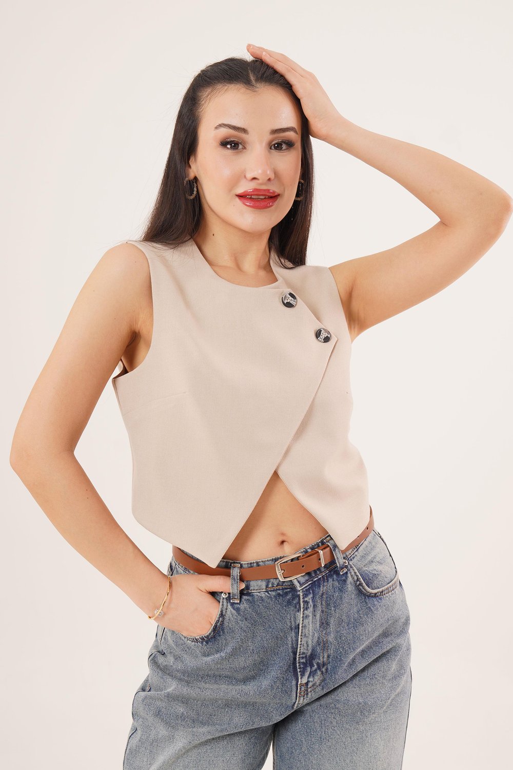 Çift Düğmeli Çapraz Model Bej Yelek