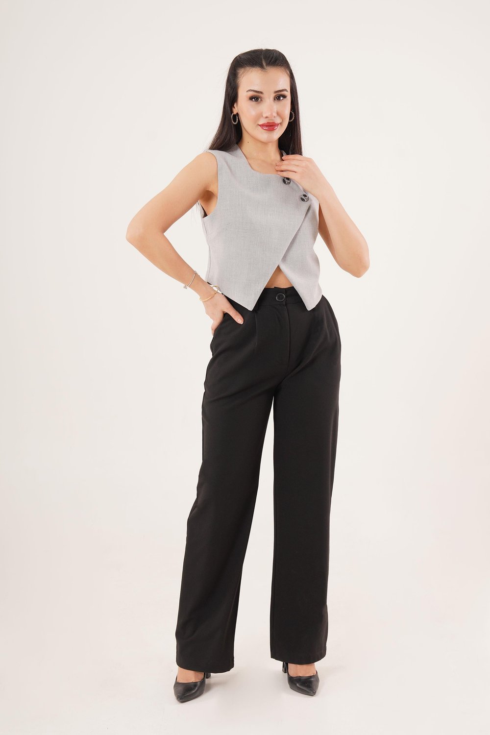 Çift Düğmeli Çapraz Model Gri Yelek	