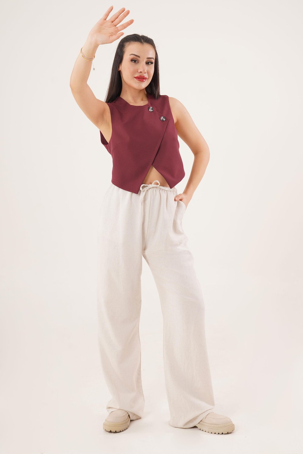 Çift Düğmeli Çapraz Model Bordo Yelek	