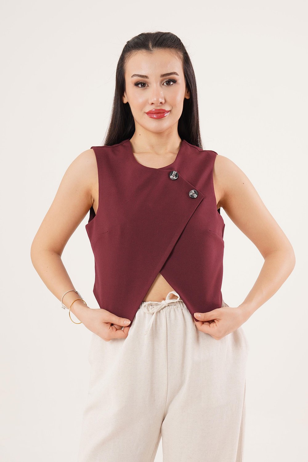 Çift Düğmeli Çapraz Model Bordo Yelek	