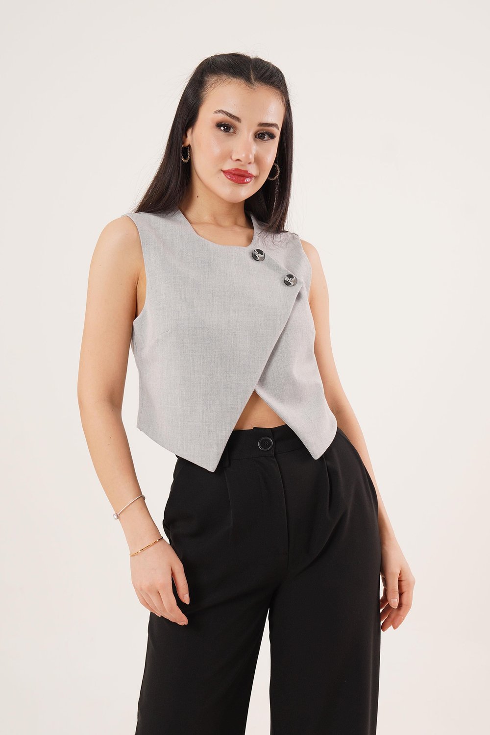 Çift Düğmeli Çapraz Model Gri Yelek	