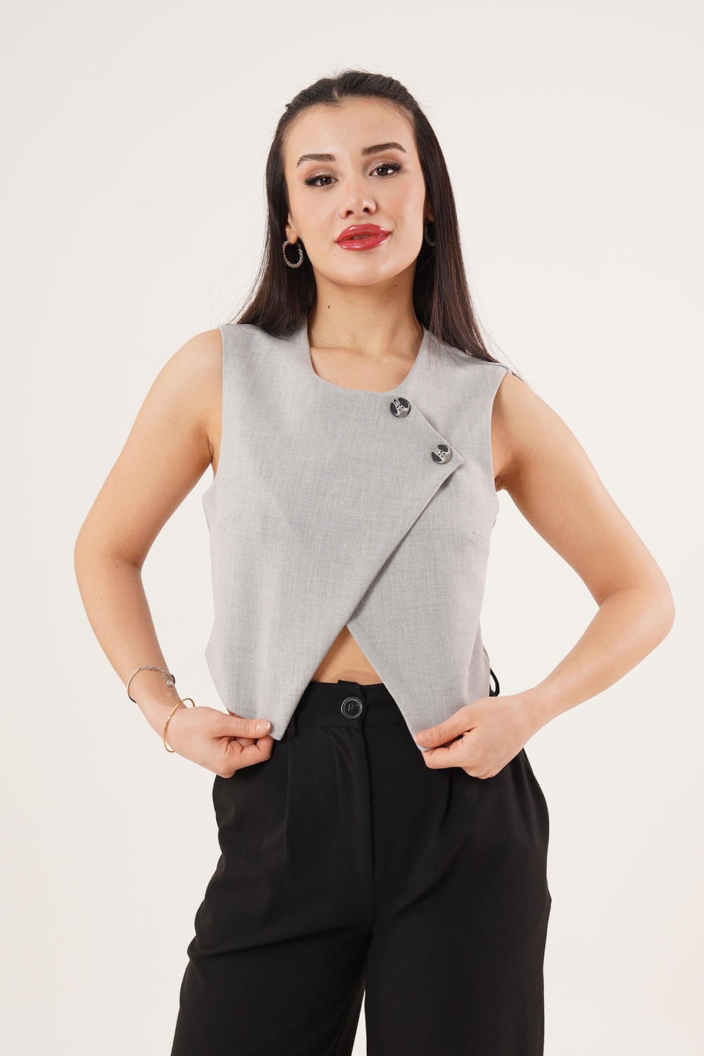 Çift Düğmeli Çapraz Model Gri Yelek	