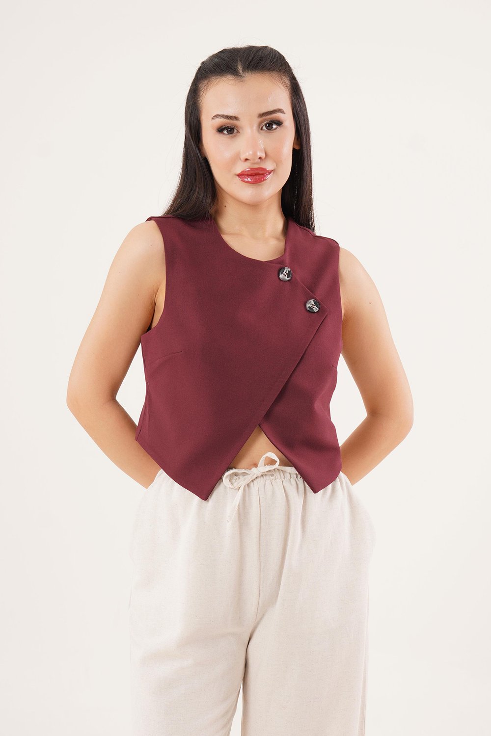 Çift Düğmeli Çapraz Model Bordo Yelek	