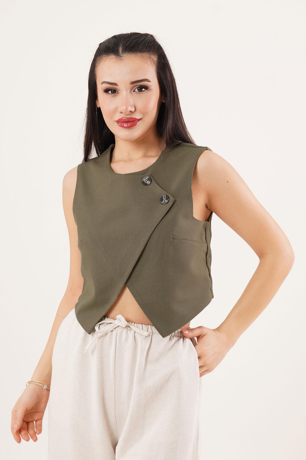 Çift Düğmeli Çapraz Model Haki Yelek	