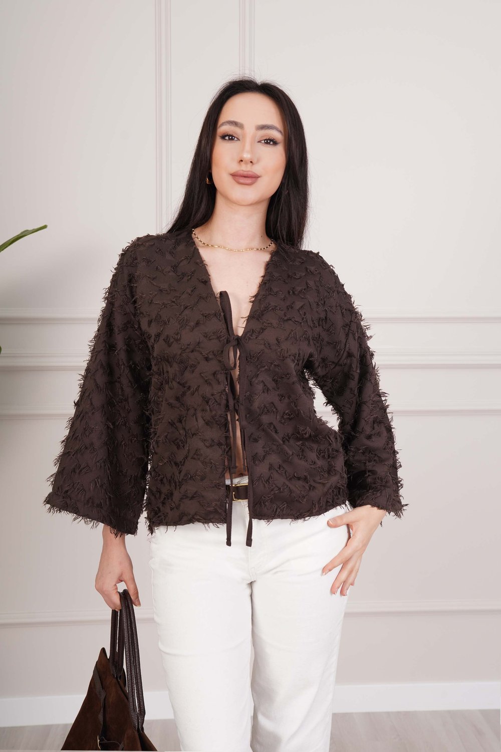 Püsküllü Ön Bağcıklı Salaş Kahve Kimono