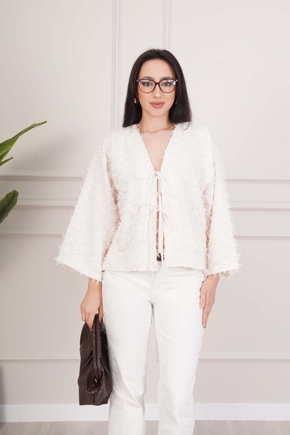 Püsküllü Ön Bağcıklı Salaş Ekru Kimono