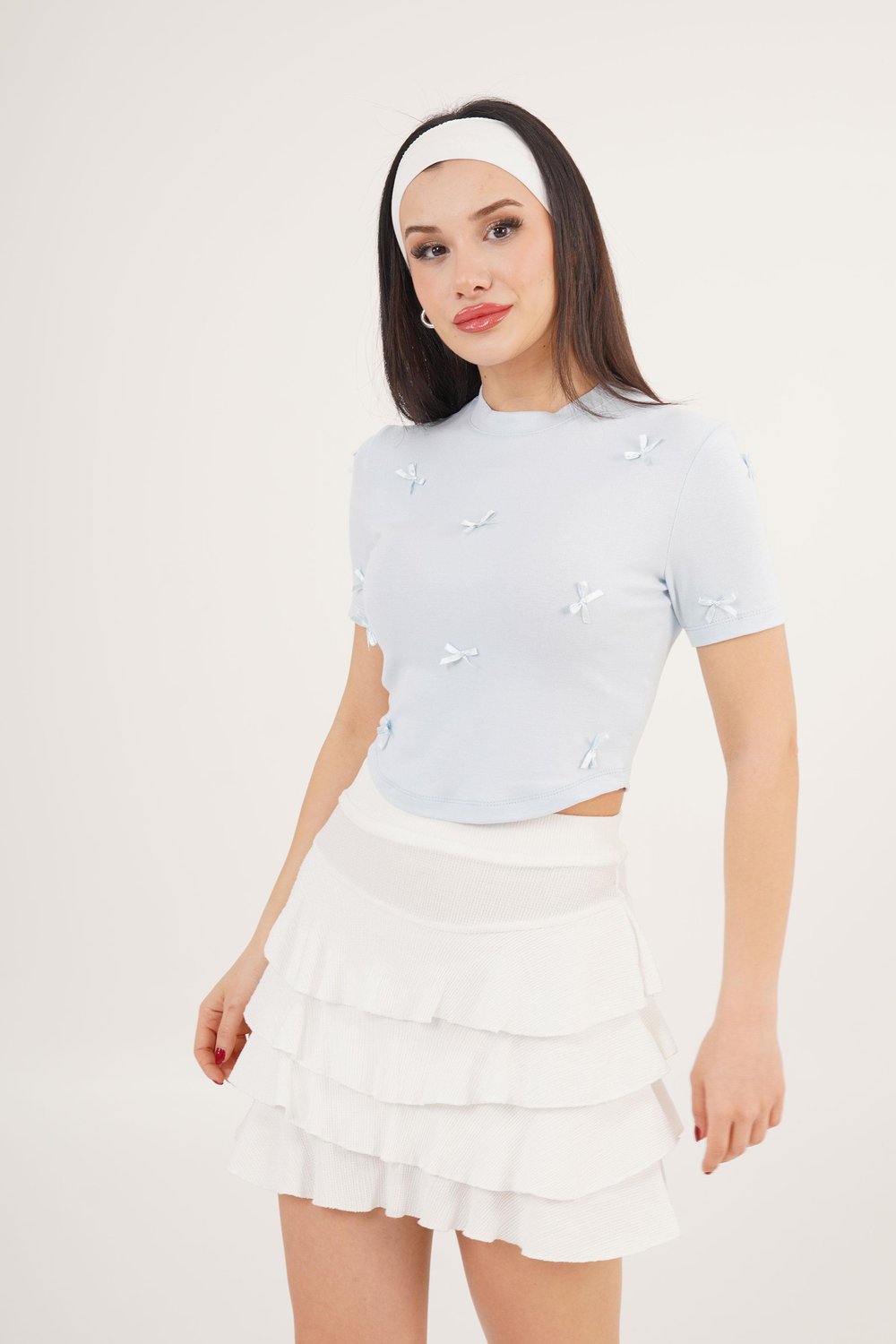 Fiyonk Detaylı Bebe Mavisi Crop Tişört