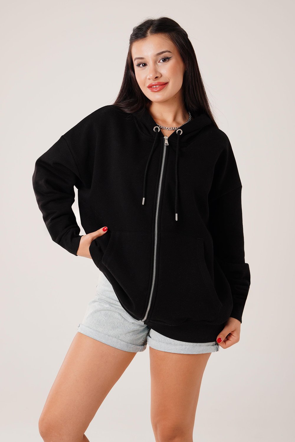 Kapüşonlu Oversize Cepli Spor Siyah Hırka