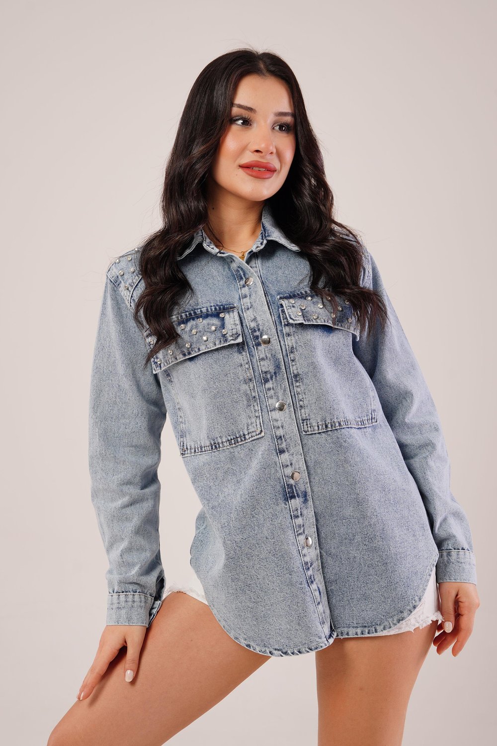 Shine Effect Yıkamalı Denim Gömlek Ceket