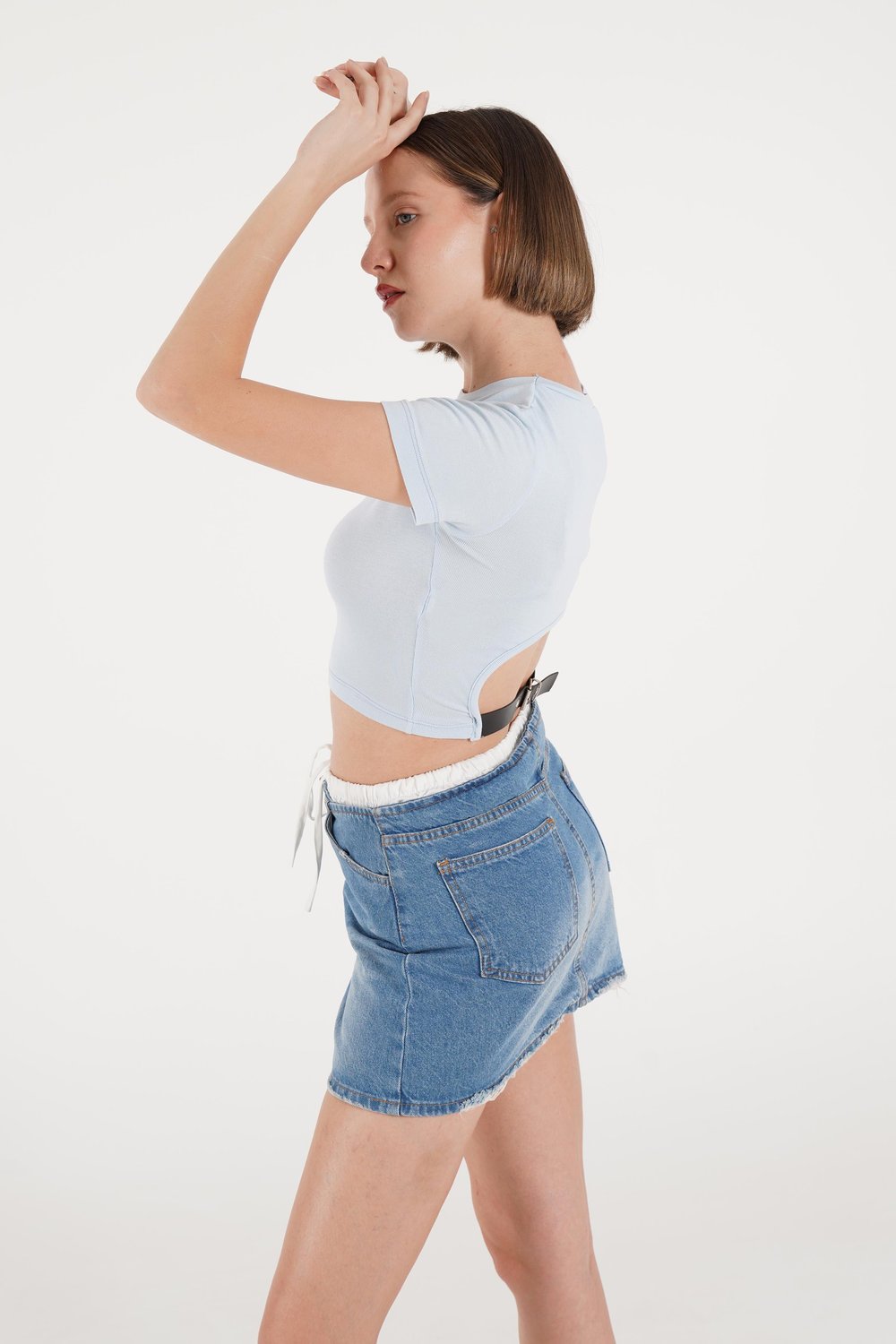 Sırt Kemer Detaylı Basic Bebe Mavi Crop