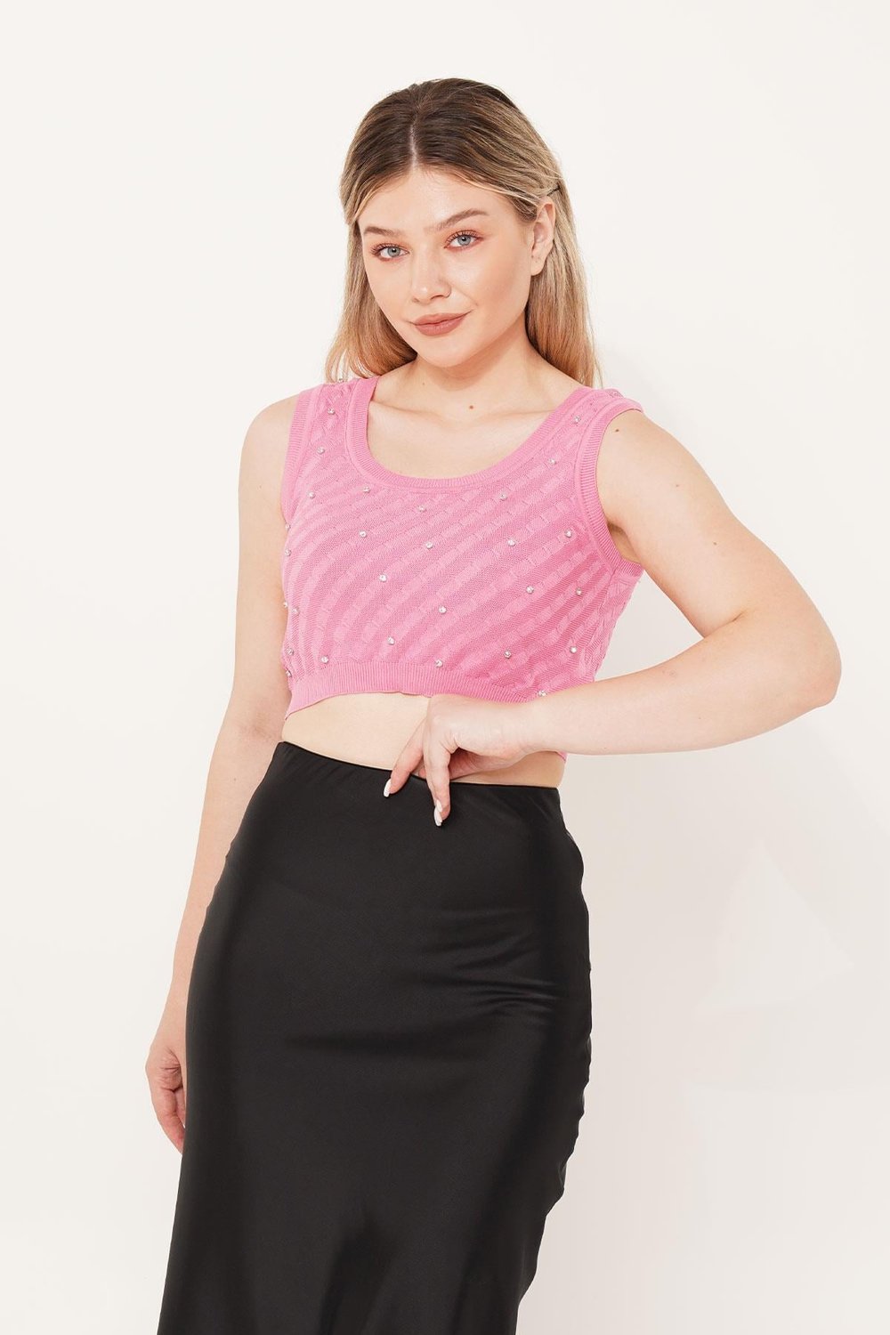 Taş İşleme Triko Pembe Crop