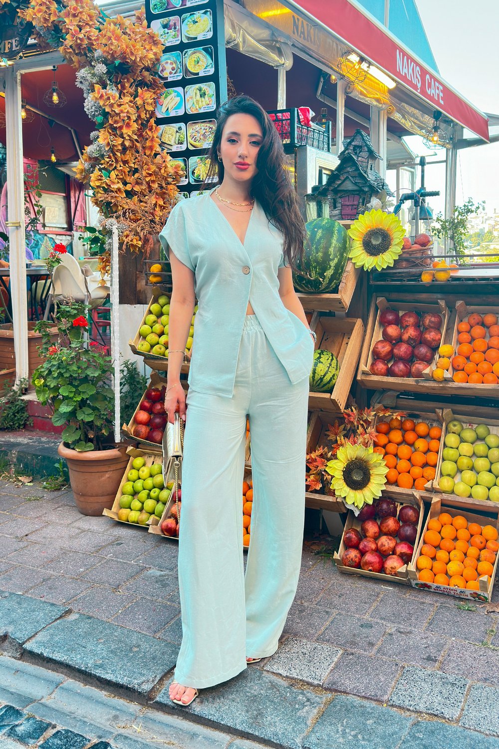 Tek Düğme Beli Bağlamalı Keten Mint İkili Takım