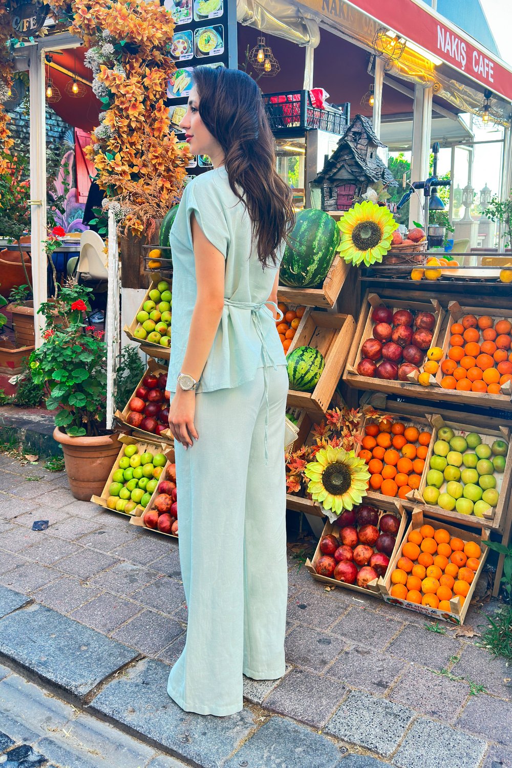 Tek Düğme Beli Bağlamalı Keten Mint İkili Takım
