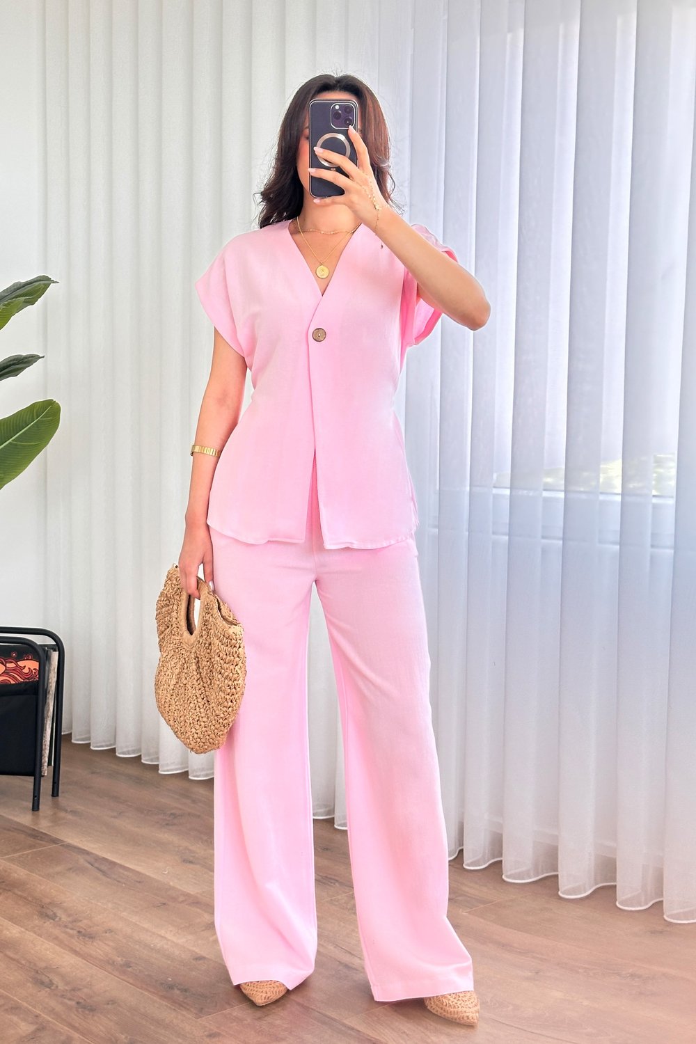 Tek Düğme Beli Bağlamalı Keten Pembe İkili Takım