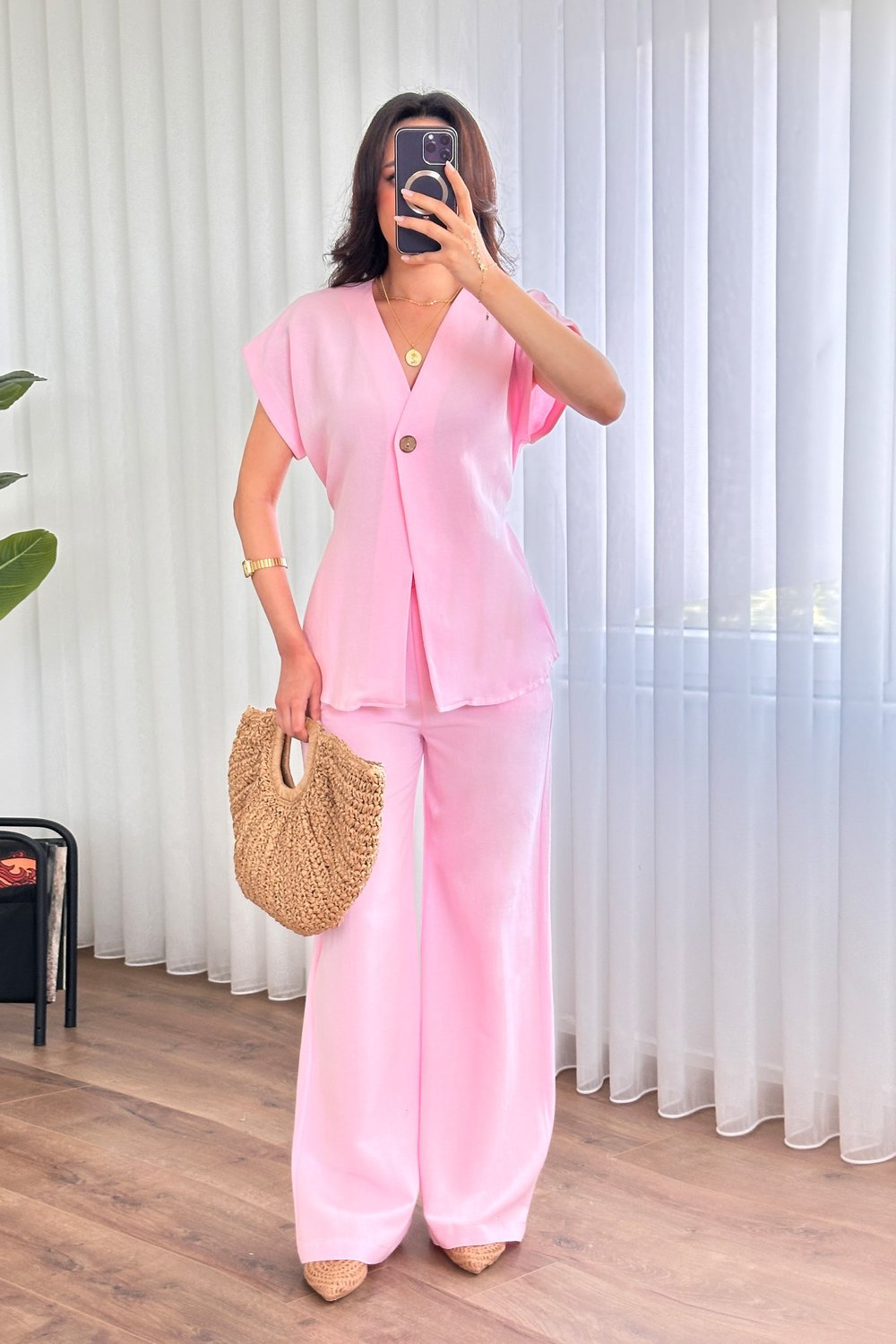 Tek Düğme Beli Bağlamalı Keten Pembe İkili Takım