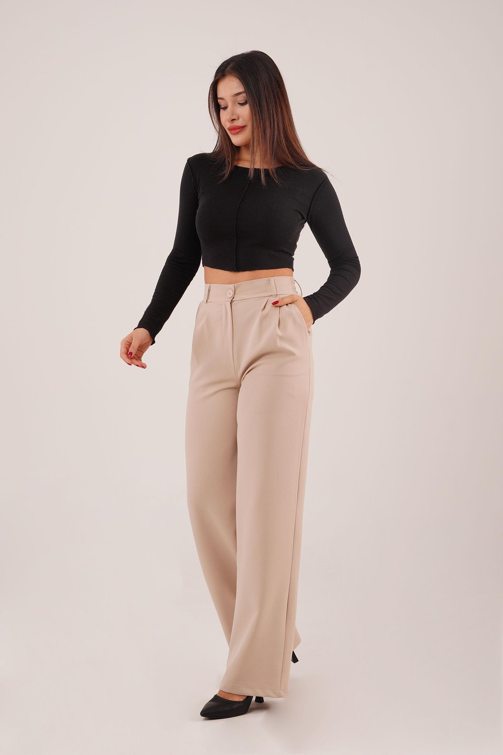 Tek Düğme Cepli Palazzo Camel Pantolon