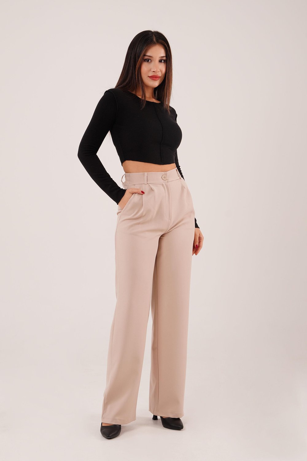 Tek Düğme Cepli Palazzo Camel Pantolon