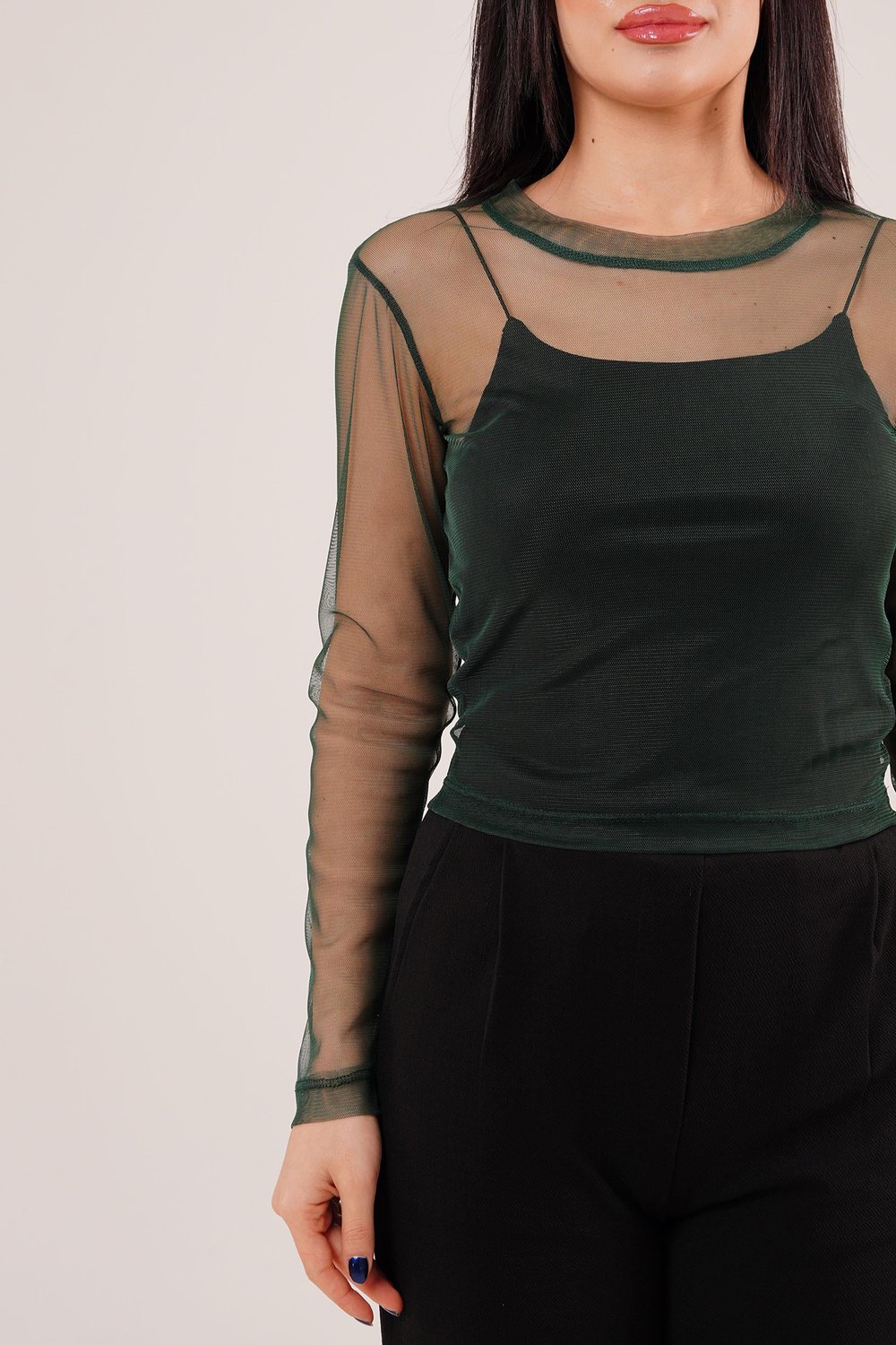 Transparan Zümrüt Yeşili Tül Basic Bluz