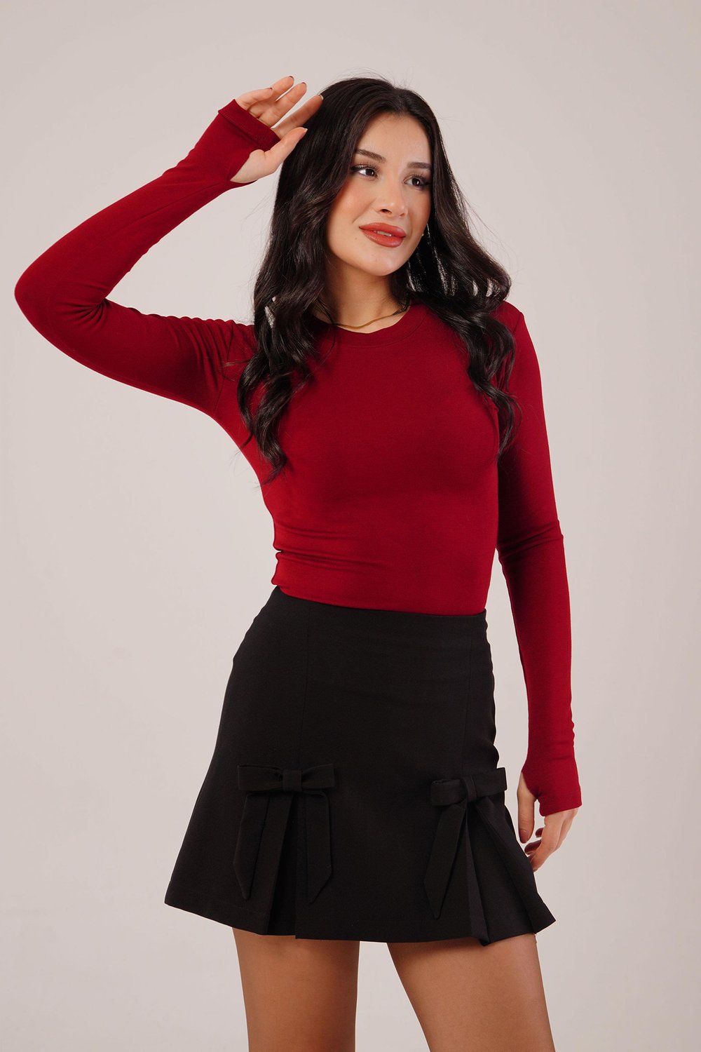 Uzun Kollu Basic Bordo Bluz