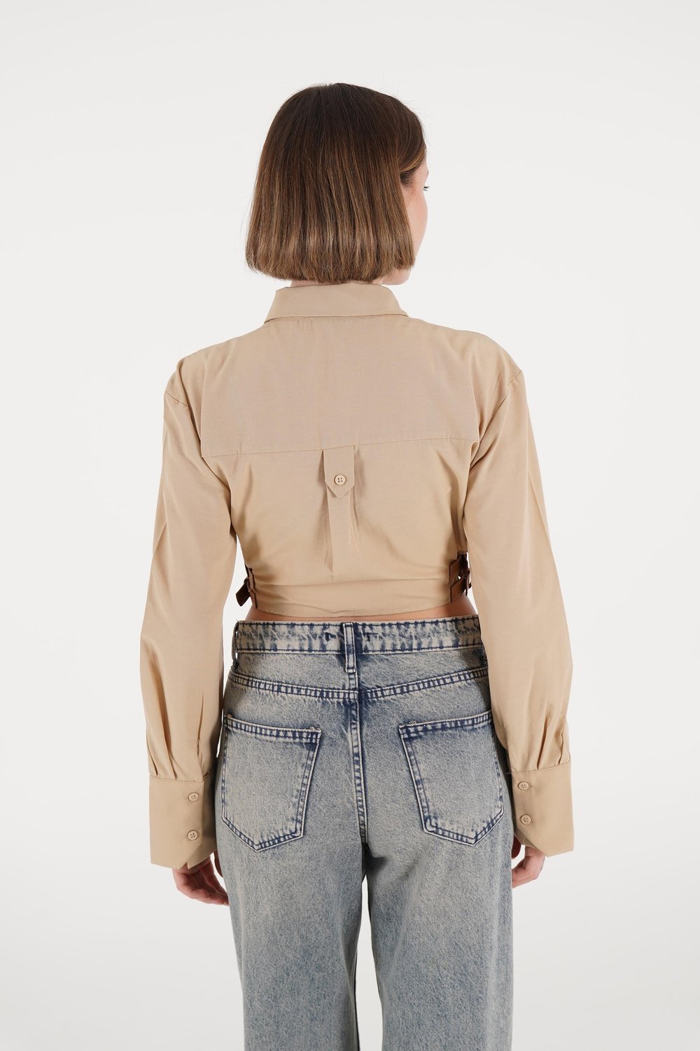 Yan Kemerli Düğmeli Camel Crop Gömlek