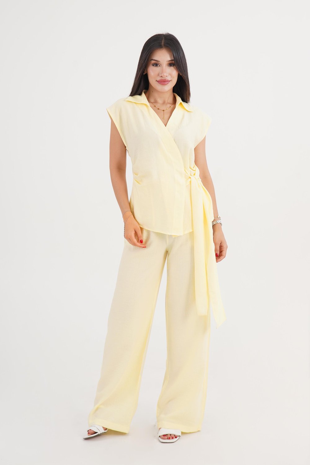 Beli Kuşak Bağlamalı Bluz Pantolon Sarı Takım