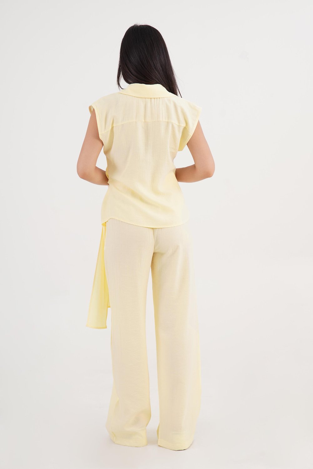 Beli Kuşak Bağlamalı Bluz Pantolon Sarı Takım