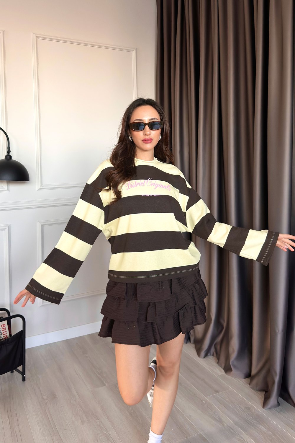 Yazı Baskılı Bisiklet Yaka Kahve Çizgili Sweatshirt