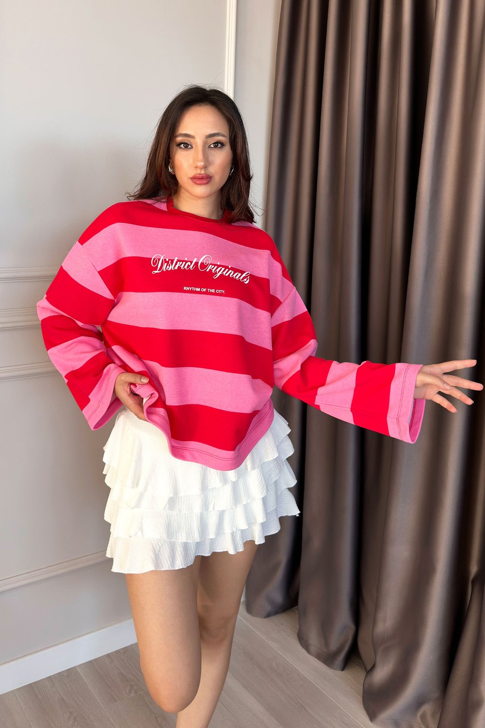 Yazı Baskılı Bisiklet Yaka Pembe Çizgili Sweatshirt