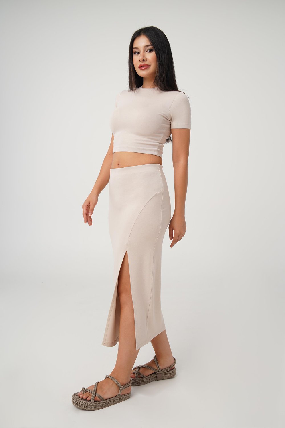 Yırtmaçlı Etek Crop Basic Bej İkili Takım